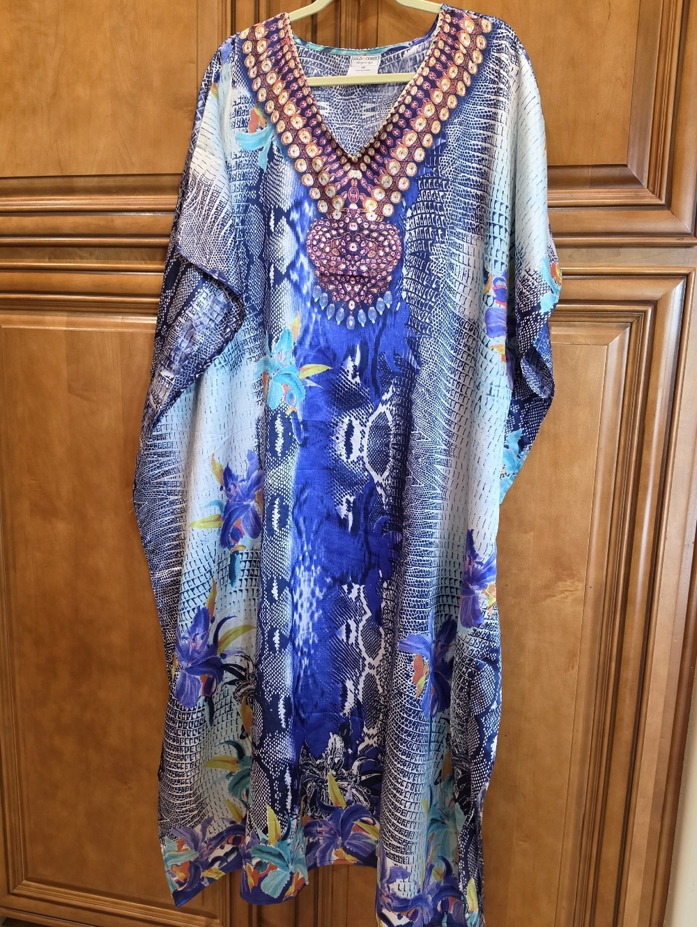 Gold Coast 100% Poly Blue Floral V-Neck Caftan Orchid Beads Snakeskin OS EUC
